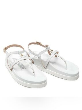 Patrizia Pepe White Leather T-Strap Platform Sandals with Gold Buckle